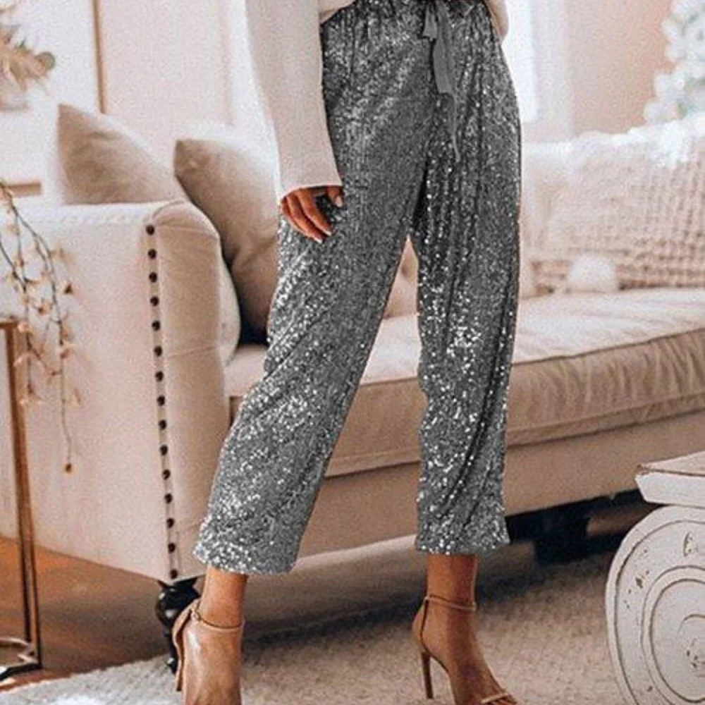 Women’s Silver Sequin Drawstring Crop Trousers various - Picture 2 of 4